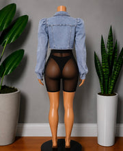 Load image into Gallery viewer, Ruched Denim Crop Jacket - Blue Wash
