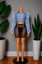 Load image into Gallery viewer, Ruched Denim Crop Jacket - Blue Wash
