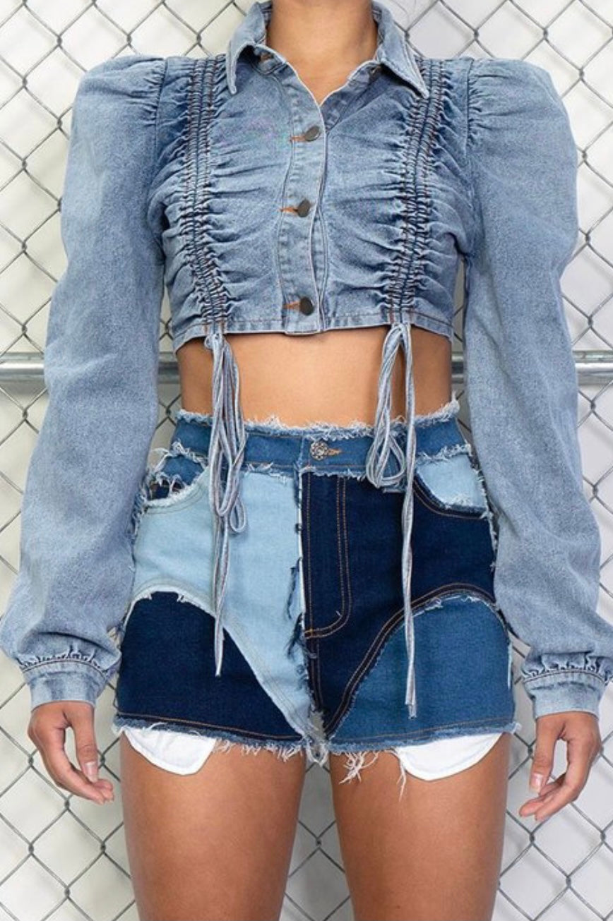 Ruched Denim Crop Jacket - Blue Wash