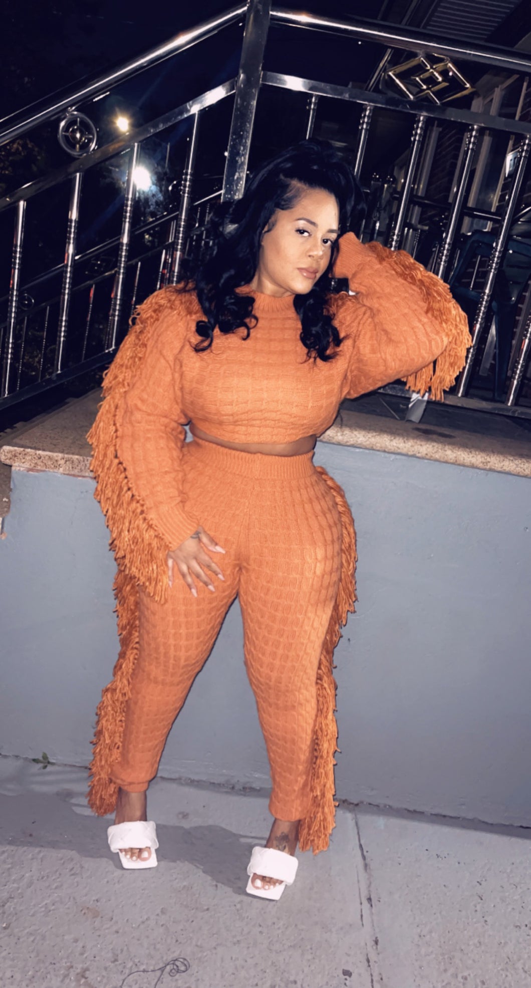 Cable Knit Pant Set - Papaya Orange