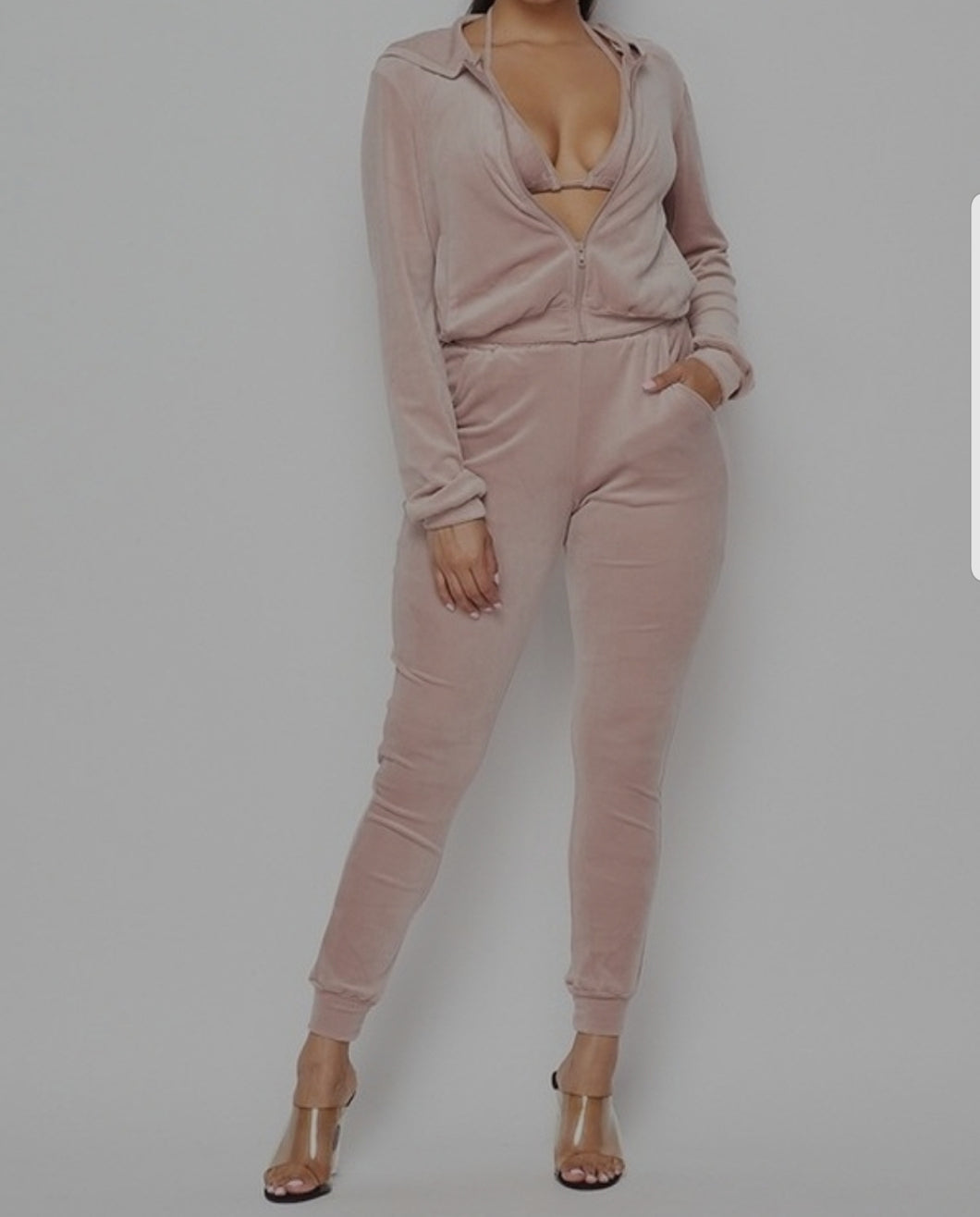 Three Piece Velour Lounge Set - Mauve